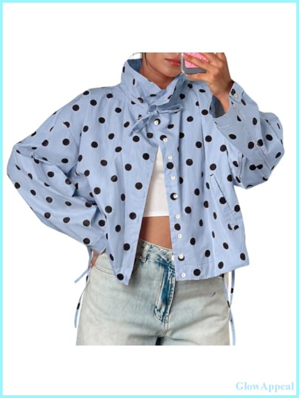 Women's Cropped Polka Dot Trench Coat Drawstring Casual Jacket